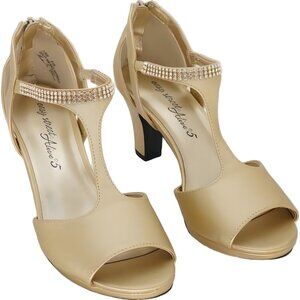 Women's Easy Street Flash T-Strap Heeled Sandals Gold Satin US 8 W